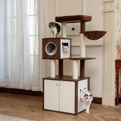 Luxury Cat Tree House Tower with Cabinet Solid Wood Cat Tree Posting Toy Multi-Level Kitten Cat Condo rascador gato arbre à chat