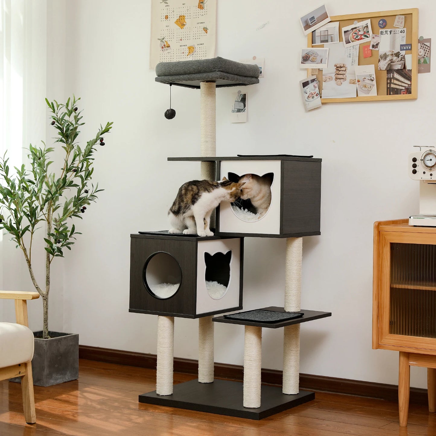 Luxury Cat Tree House Tower with Cabinet Solid Wood Cat Tree Posting Toy Multi-Level Kitten Cat Condo rascador gato arbre à chat