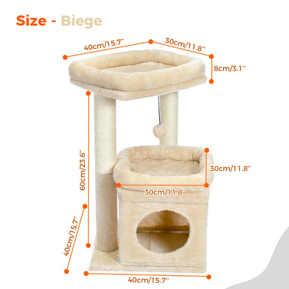 Cat Tree Tower for Indoor Cats with Private Cozy Cat Condo Natural Sisal Scratching Posts and Plush Pom-pom for Small Cats