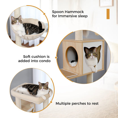 Multi-Level Cat Tree Wood Large Cat Tower with Scratching Posts Cat Condo Hammock Cat Scraper Pet Bed and Furniture Toys for Cat