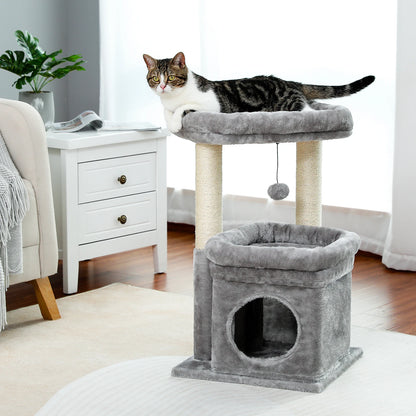 Cat Tree Tower for Indoor Cats with Private Cozy Cat Condo Natural Sisal Scratching Posts and Plush Pom-pom for Small Cats