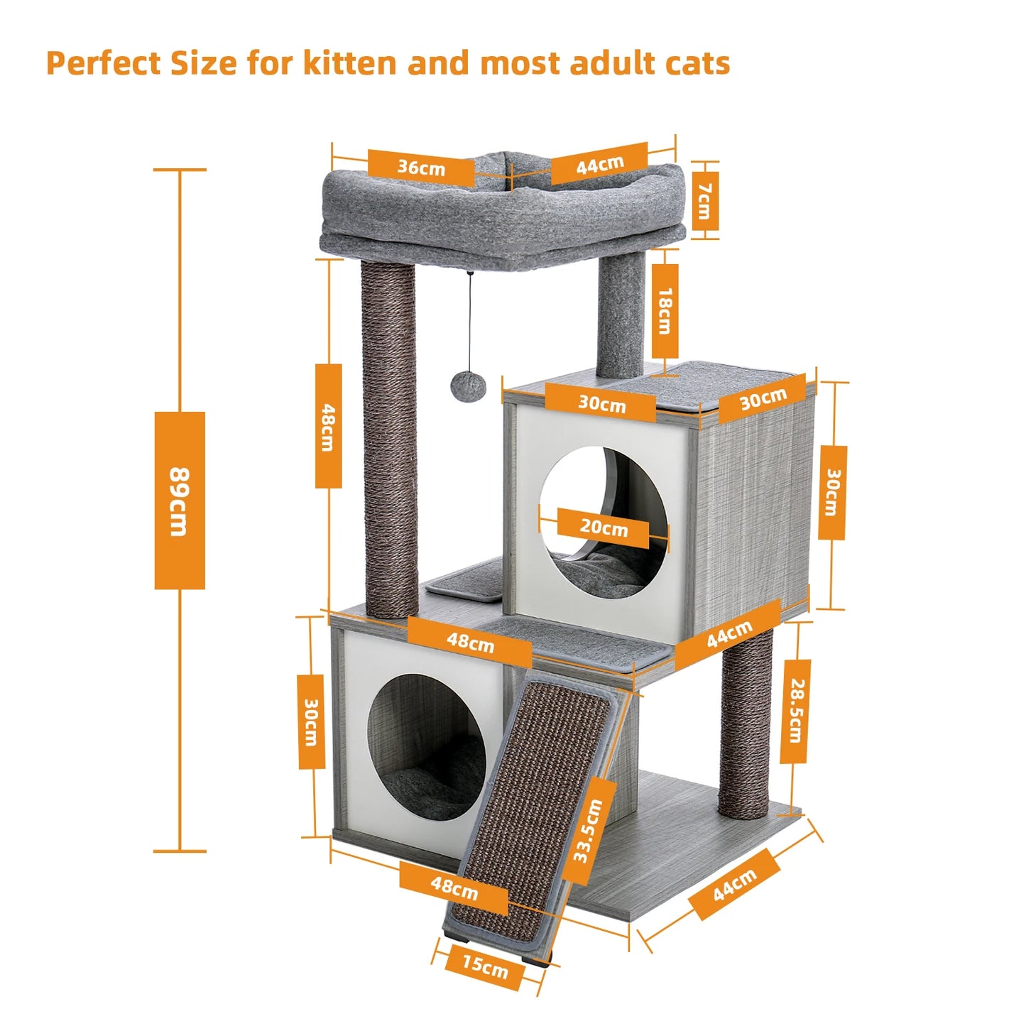 130CM Large Cat Tree Wooden Tower Indoor with Double Condos Spacious Perch Soft Hammock and Totally Wrapped Sisal Post Play Ball