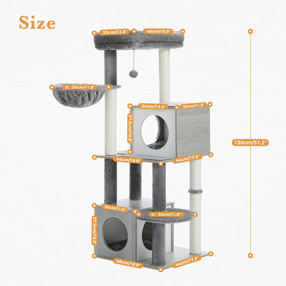 130CM Large Cat Tree Wooden Tower Indoor with Double Condos Spacious Perch Soft Hammock and Totally Wrapped Sisal Post Play Ball