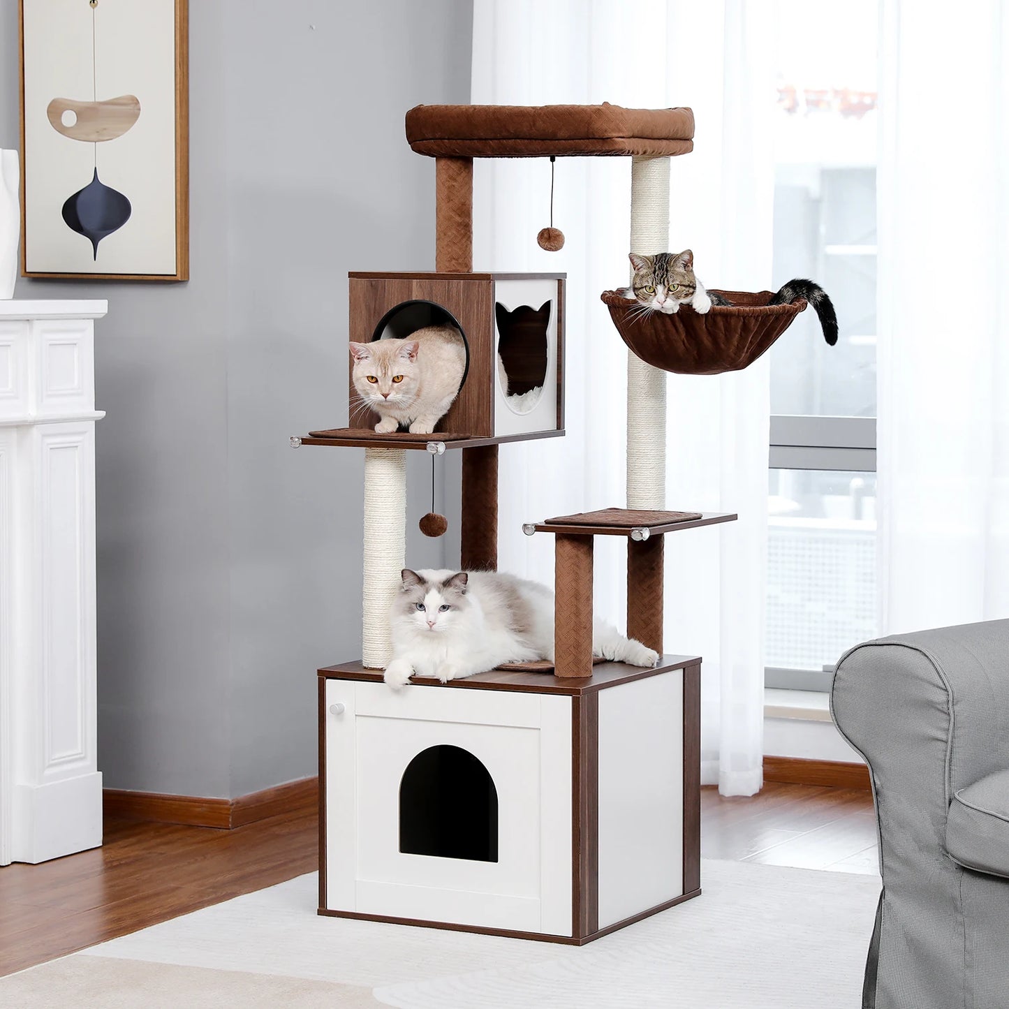 Multi-Level Cat Tree Wood Large Cat Tower with Scratching Posts Cat Condo Hammock Cat Scraper Pet Bed and Furniture Toys for Cat