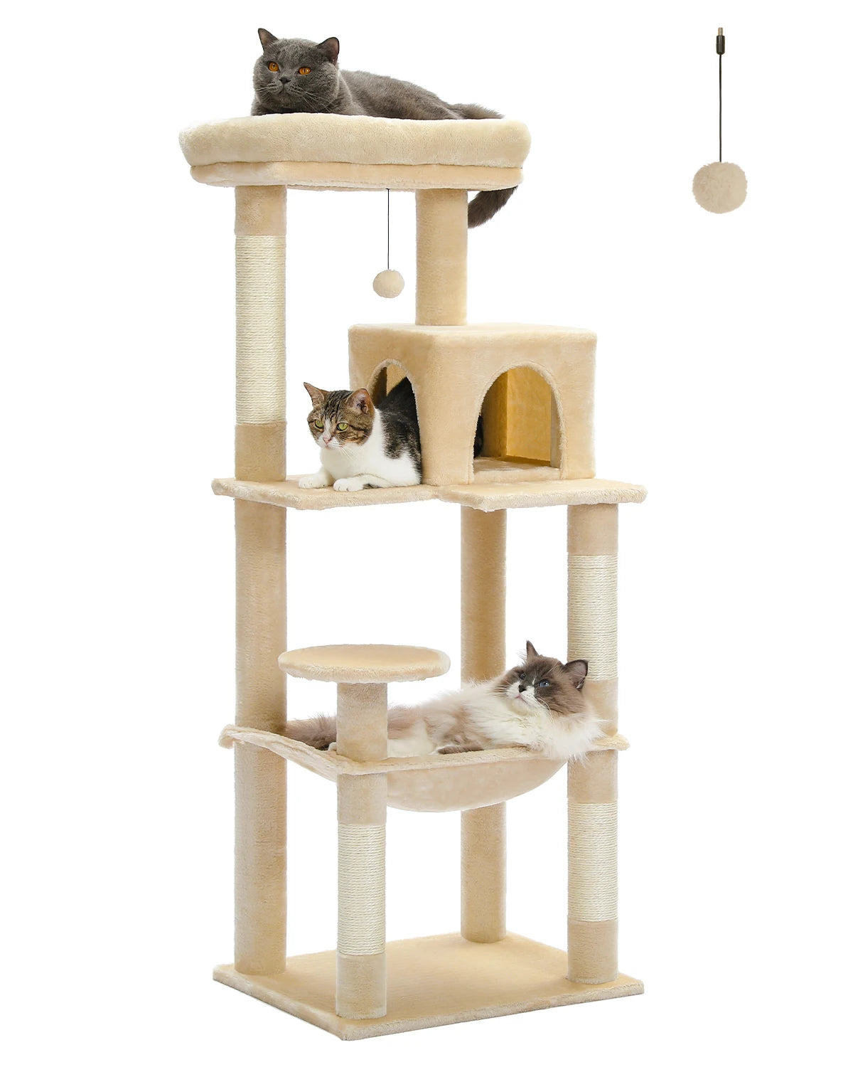 143Cm Tall Multi-Level Cat Tower With Large Hammock (50.8x40.64cm), Sisal Scratching Posts, Cozy Condo & Top Perch  Cat  Tree