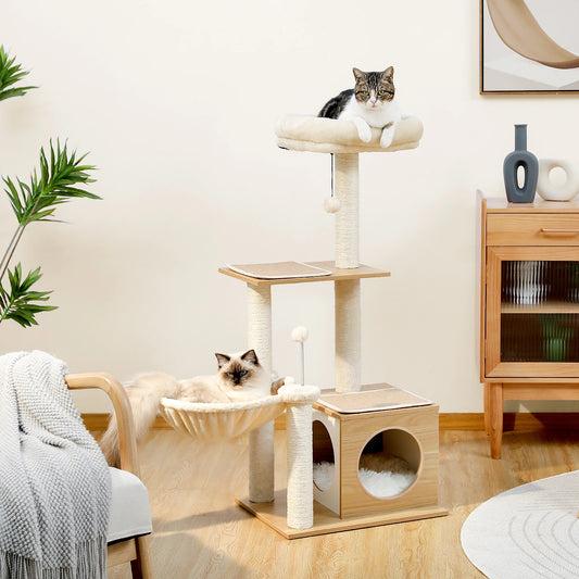 Cat Tree Modern Cat Tower for Indoor Cats Multilevel Cat Play House with Large Condo Spacious Hammock Cozy Top Perch